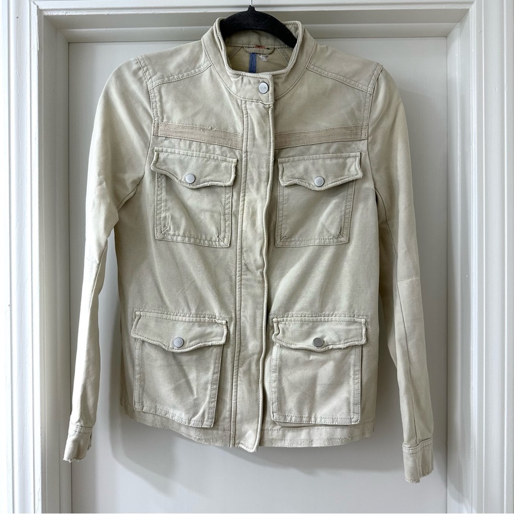 Free People Tan Utility Jacket with Distressed Look, Pockets, Size XS